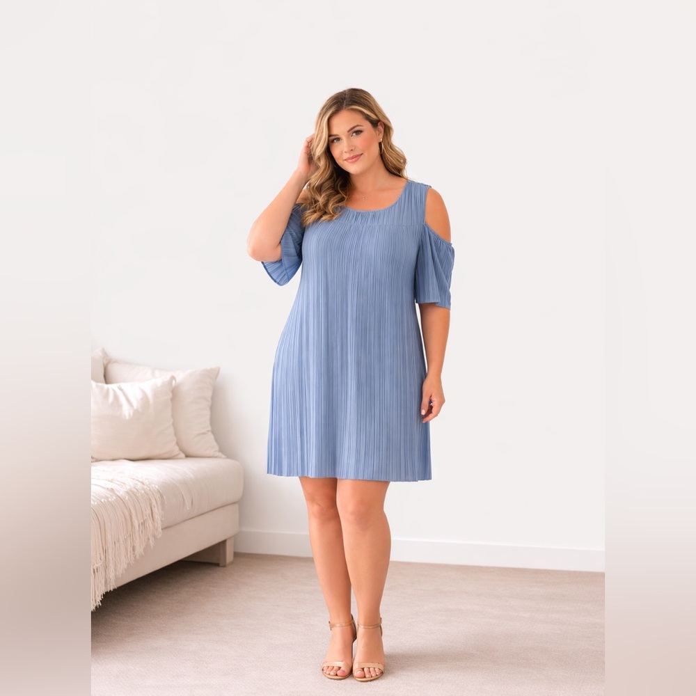 Luxology Pleated Cold Shoulder Dress Size 14 Blue Knee Length Shift